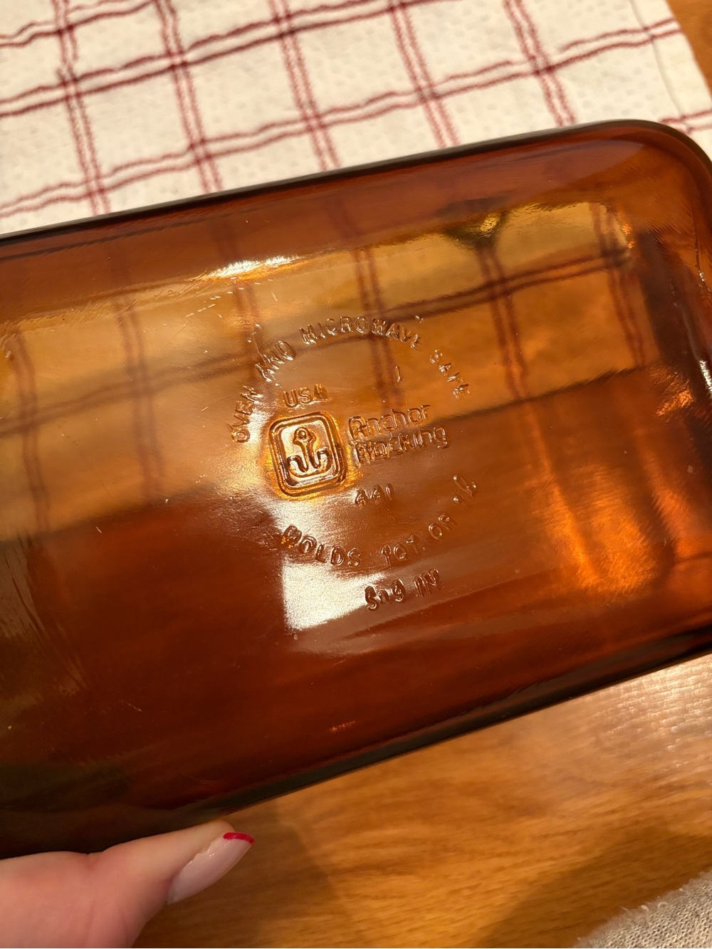 Fire-King Amber Glass Loaf Pan with Embossed Mark